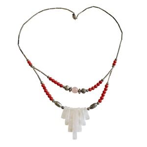 VTG‎ Native American Necklace Red Coral quartz Beaded Multi strand Liquid Silver